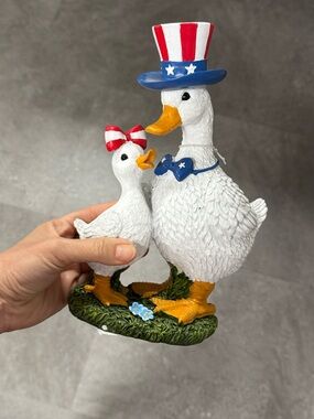 Patriotic White Duck Figurine  - Decorative Garden Bird Statue